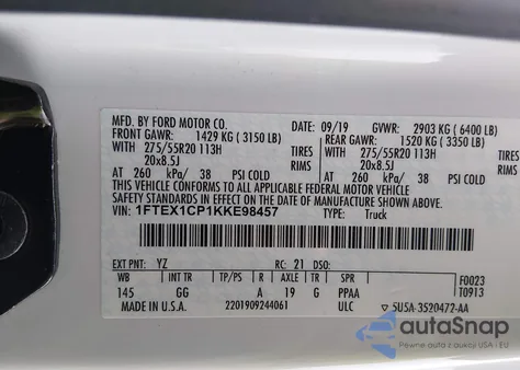 2019 Ford F-150 Xl z USA, uszkodzony, nr VIN 1FTEX1CP1KKE98457